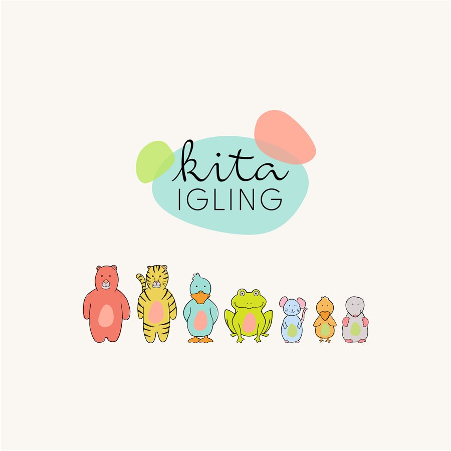 Logo der Kita Igling über sieben gezeichneten Tierfiguren der Kitagruppen