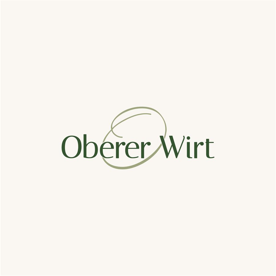 Logo des Gasthofs Oberer Wirt: dunkelgrüne Schrift mit einem geschwungenen salbeigrünen Bogen