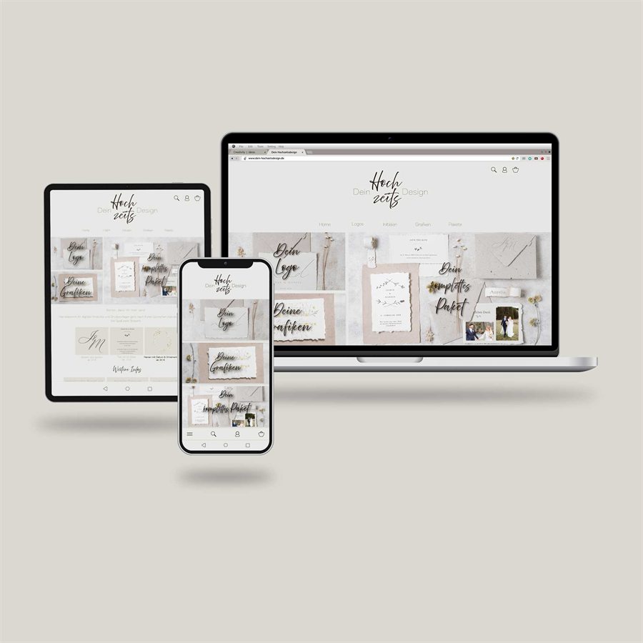 Die Website von Dein Hochzeitsdesign (fiktiv) auf Laptop, Tablet und Smartphone